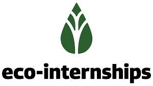 eco Eco-Internships in thick black font. A green teardrop shape with a tree inside is on top.