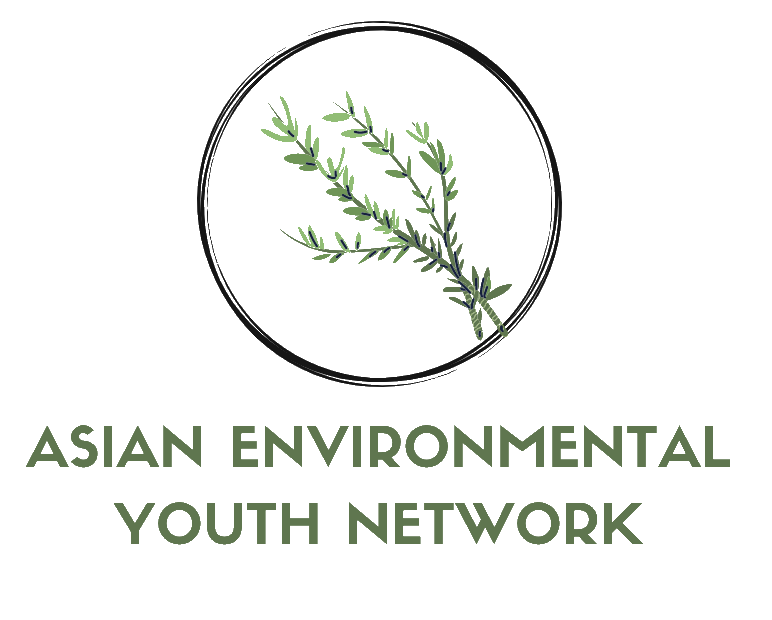 "ASIAN ENVIRONMENTAL YOUTH NETWORK" in green text below a circle containing a green plant sprig, all on a grey background.