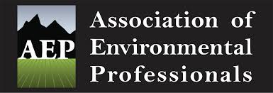 Association of Environmental Professionals "Association of Environmental Professionals" text next to a logo with "AEP" and a mountain/grass graphic, on a grey background.