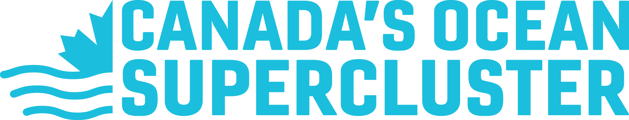 Canada’s Ocean Supercluster logo Canada's Ocean Supercluster in baby blue bold font. The left is a maple leaf connected to a wave.