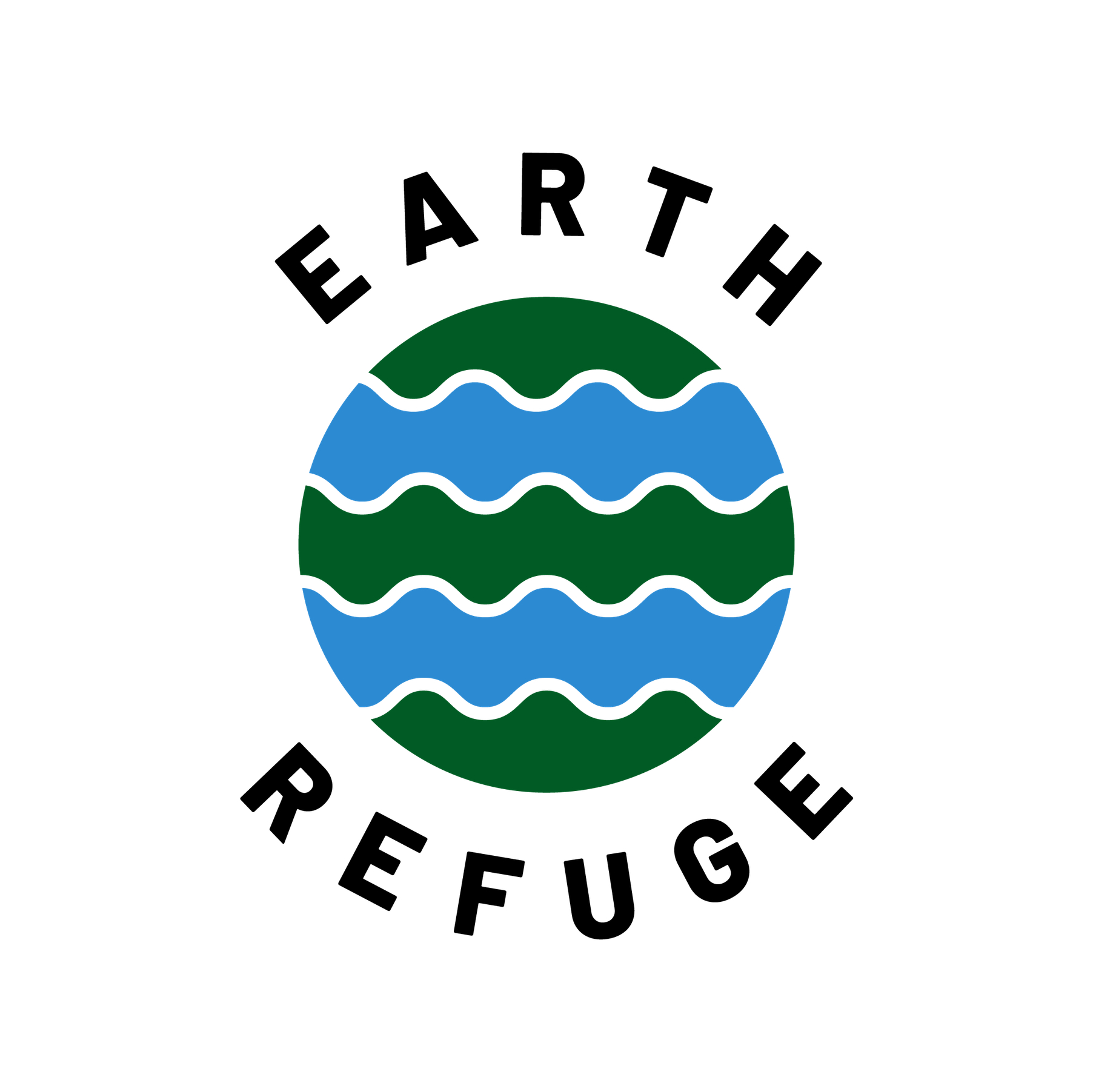 Earth Refuge logo Earth Refuge in black font. In between 'Earth' and 'Refuge' is a. globe with blue and green waves.