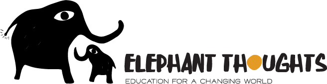 Elephant Thoughts logo Black silhouette logo of adult and baby elephants. Text reads "ELEPHANT THOUGHTS" with yellow circle dot, and "EDUCATION FOR A CHANGING WORLD" tagline below.