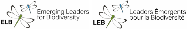 Dragonfly illustrations with "ELB - Emerging Leaders for Biodiversity" in English and "LEB - Leaders Émergents pour la Biodiversité" in French