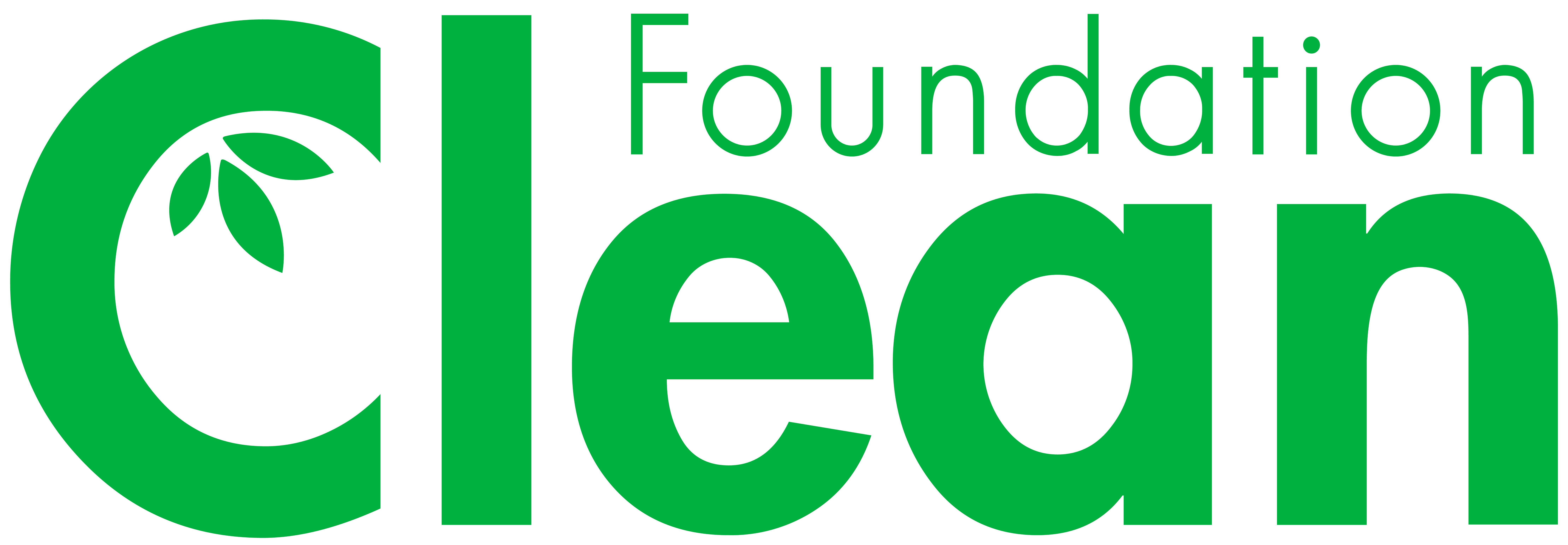 Foundation Clean logo Green logo with "Clean Foundation" text. "Clean" in bold lowercase letters with a stylized leaf design integrated into the "C".