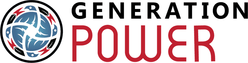 Generation Power logo Circular logo with blue and red design elements in a circular pattern, next to text reading "GENERATION" in black and "POWER" in red.