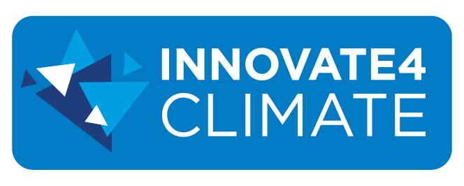 Innovate4Climate logo Innovate 4 Climate in white font against a blue background. To the right is a cluster of blue triangles.