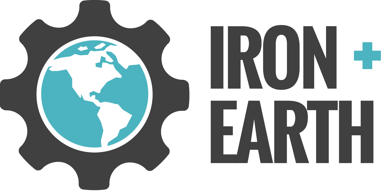 Iron and Earth logo "IRON + EARTH" in bold black text next to a grey gear icon with a blue earth globe inside.