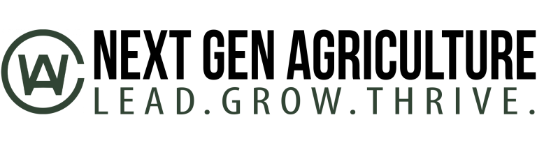 A circular dark green emblem with "WA" inside, next to "NEXT GEN AGRICULTURE" in bold black text and "LEAD.GROW.THRIVE." in green below.