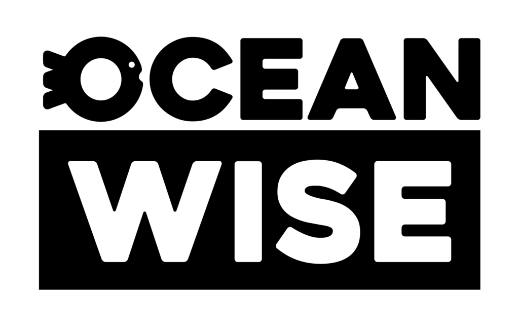 Ocean Wise logo Black and white "OCEAN WISE" logo with stylized fish symbol incorporated into the letter "O" in "OCEAN". "WISE" appears in white letters on a black rectangular background.