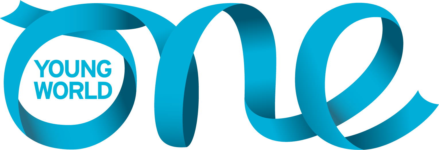 One Young World logo 'One' written in ribbon font. Inside the letter 'O' are the words "Young World" in blue font.