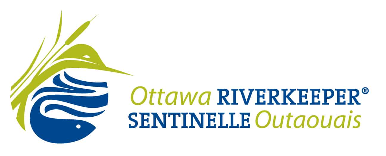 Ottawa Riverkeeper logo Logo showing stylized blue waves/fish with green cattails. Text reads "Ottawa RIVERKEEPER SENTINELLE Outaouais" in blue and green bilingual text.