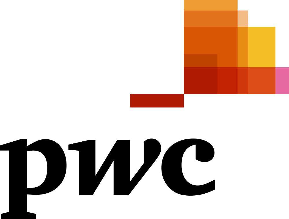 PWC logo PWC in black serif font. A stack of orange, red, and yellow rectangles overlapping to the right.