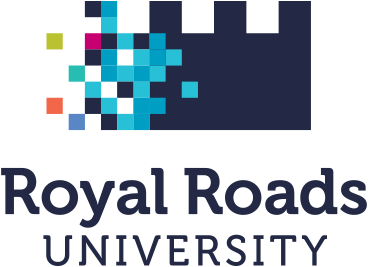 Royal Roads University Royal Roads University in dark violet font. Above is a group of blue pixels.