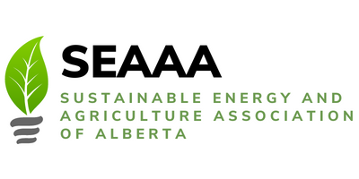 Green stylized leaf and light bulb base icon beside "SUSTAINABLE ENERGY AND AGRICULTURE ASSOCIATION OF ALBERTA" text in black and green.