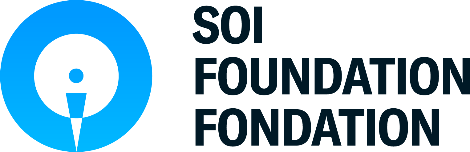 SOI Foundation logo The left is a blue circle rim with a stick figure inside. The right is 'SOI Foundation Foundation' in bold, black font.