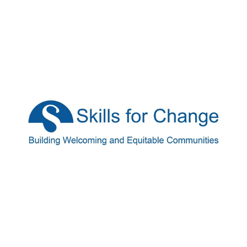 Skills for Change logo Blue logo with "S" in semicircle shape. Text reads "Skills for Change" with tagline "Building Welcoming and Equitable Communities".