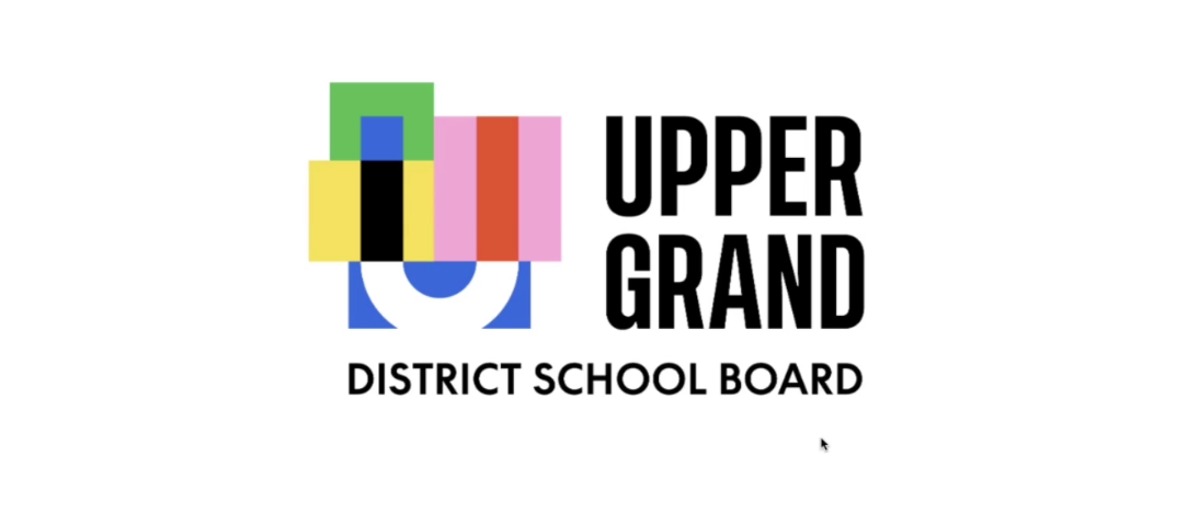 UGDSB logo 'Upper grand District School Board' in bold black font. The left is a cluster of colourful rectangles shaping the letter 'U."