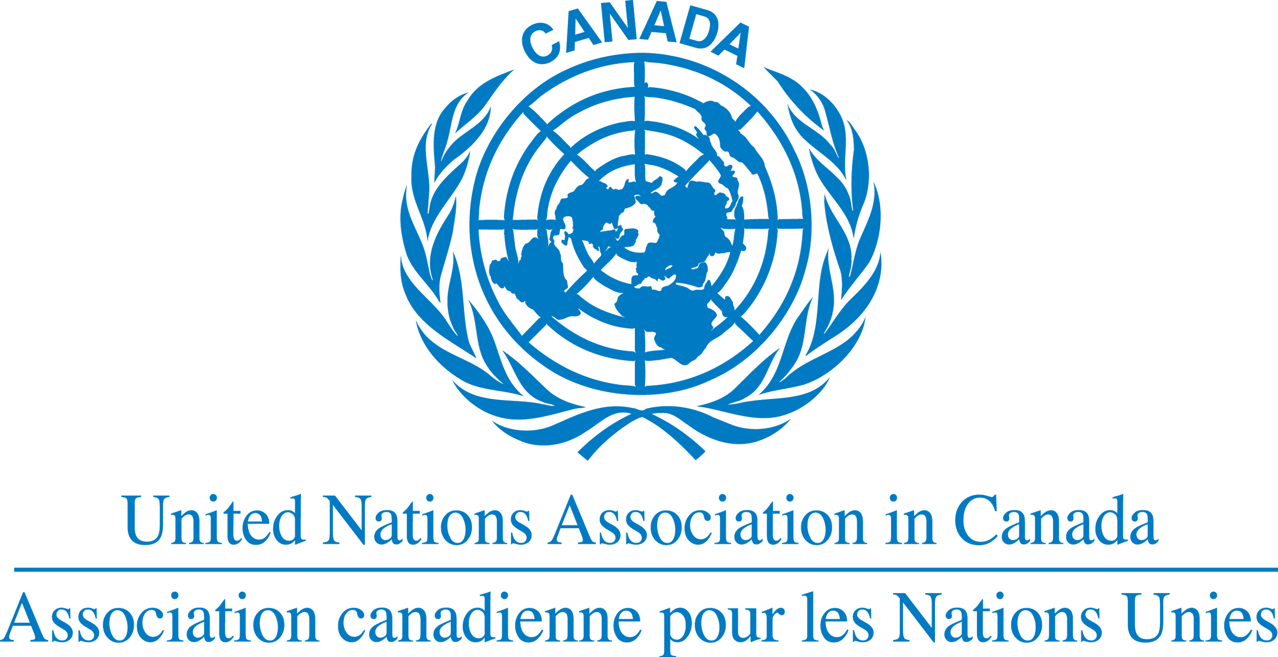 UNA Canada logo Blue UN emblem with world map and olive branches, "CANADA" at top. Text reads "United Nations Association in Canada/Association canadienne pour les Nations Unies".