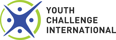 Youth Challenge International logo Youth Challenge International in black capital font. To the left is a blue icon of a person with a green circle outline.